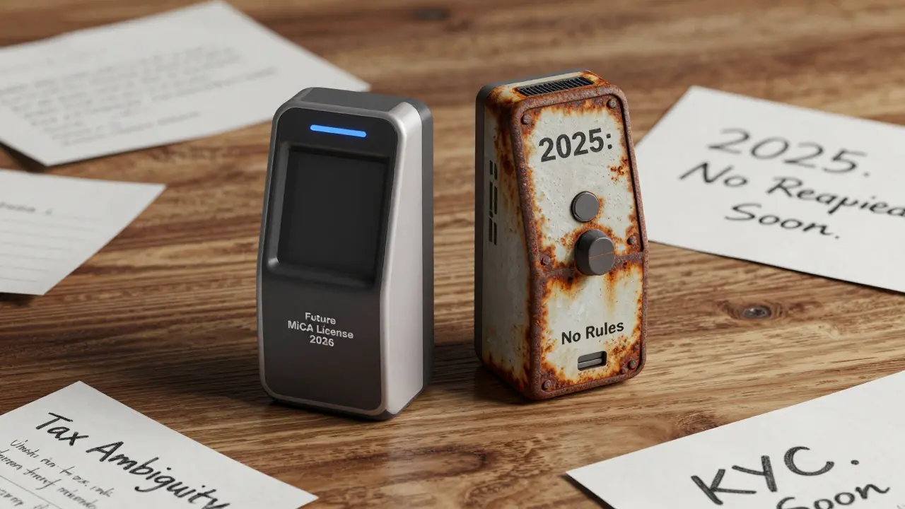 Dual crypto ATM prototypes side by side — one futuristic, one abandoned — with tax and compliance notes.