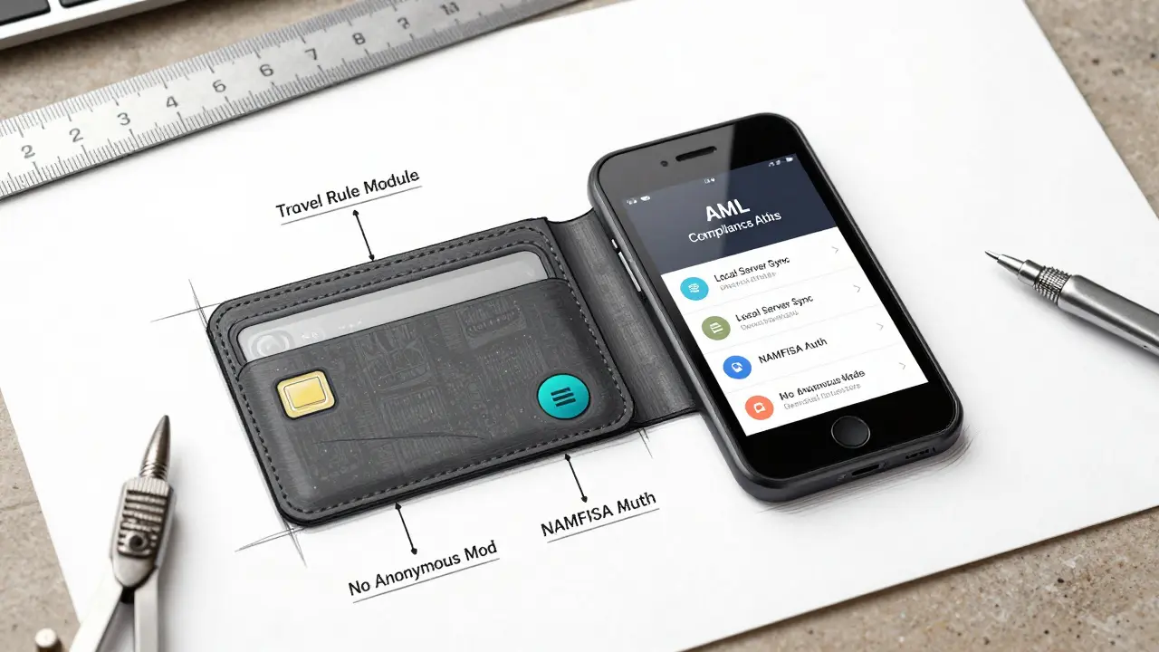Dual-interface crypto wallet device with AML compliance features and labeled components.