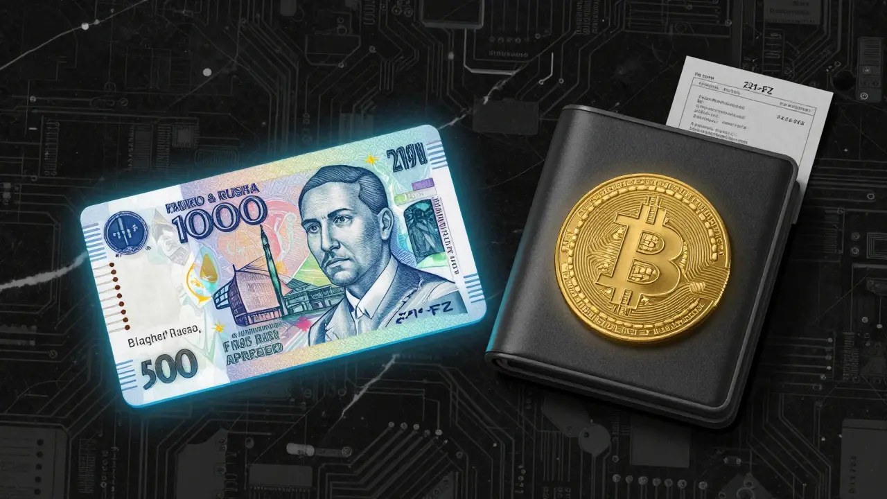 Dual-layer digital ruble card and Bitcoin wallet on marble surface with legal labels.