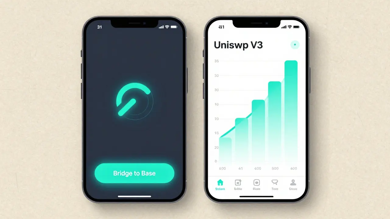 Dual-panel mobile design sketch comparing Coinbase bridge and Uniswap V3 swap with liquidity visualization.