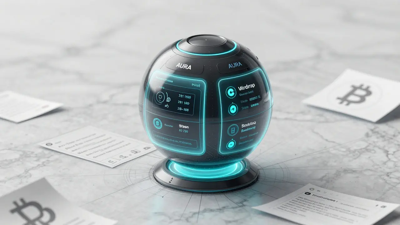 Floating AI orb interface showing airdrop alerts and staking metrics.