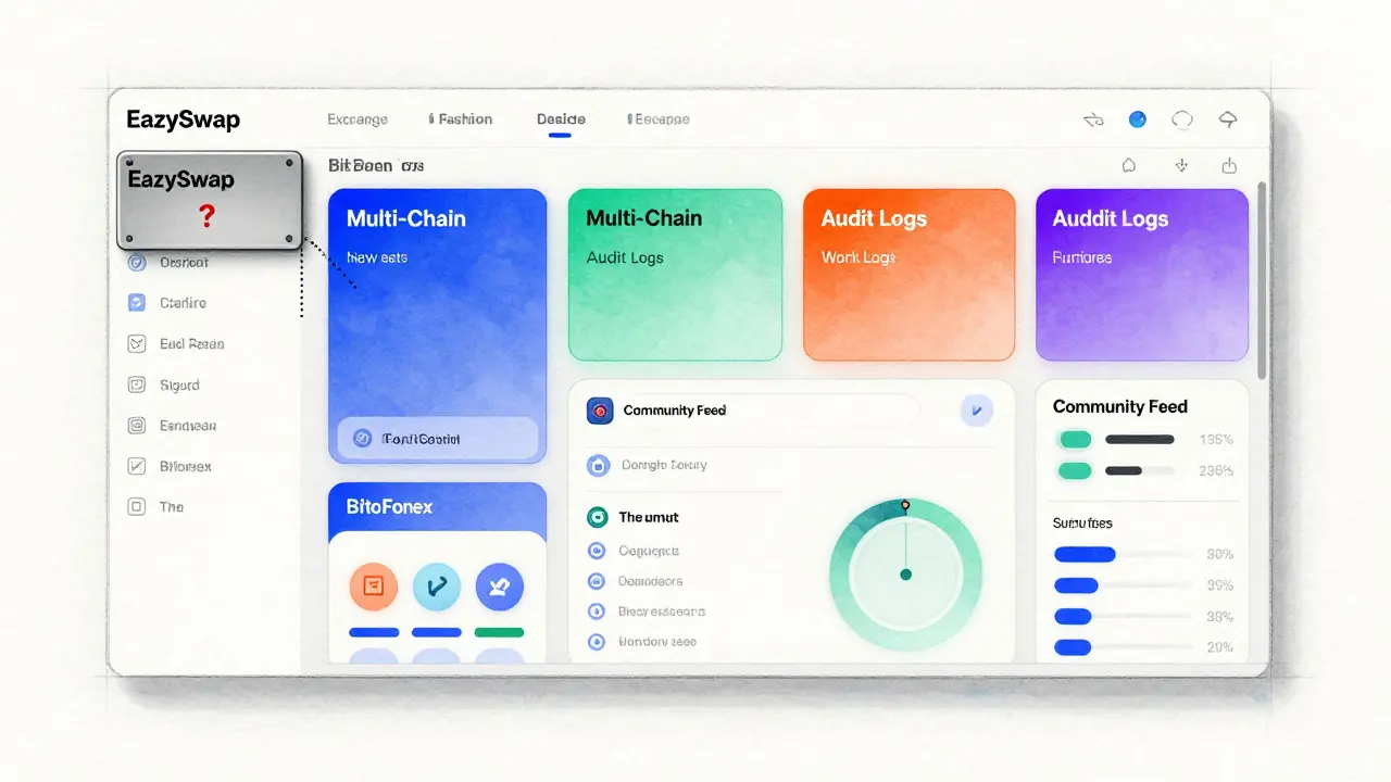 Fragmented dashboard showing EazySwap as a tiny grayed-out module disconnected from a larger exchange system