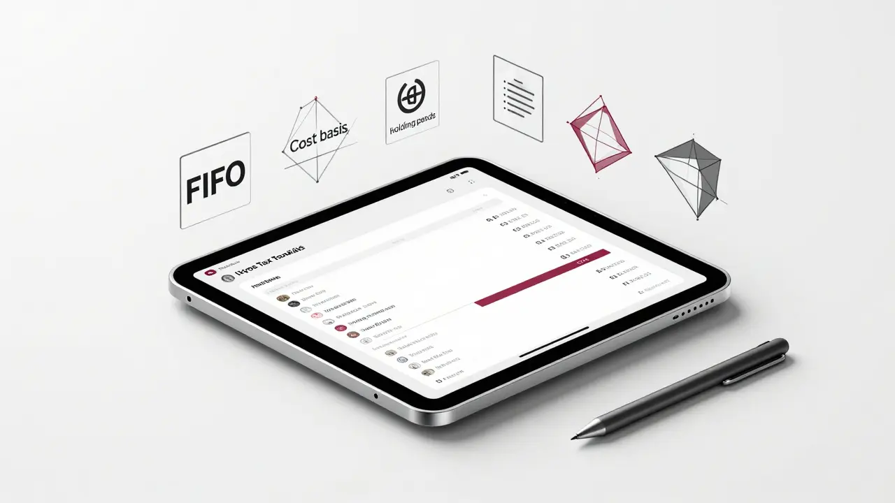 Futuristic tablet displaying crypto transaction logs with geometric icons for tax categories.