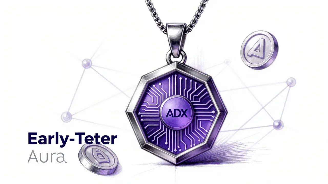 Geometric AURA NFT pendant with circuit patterns and ADX logo.