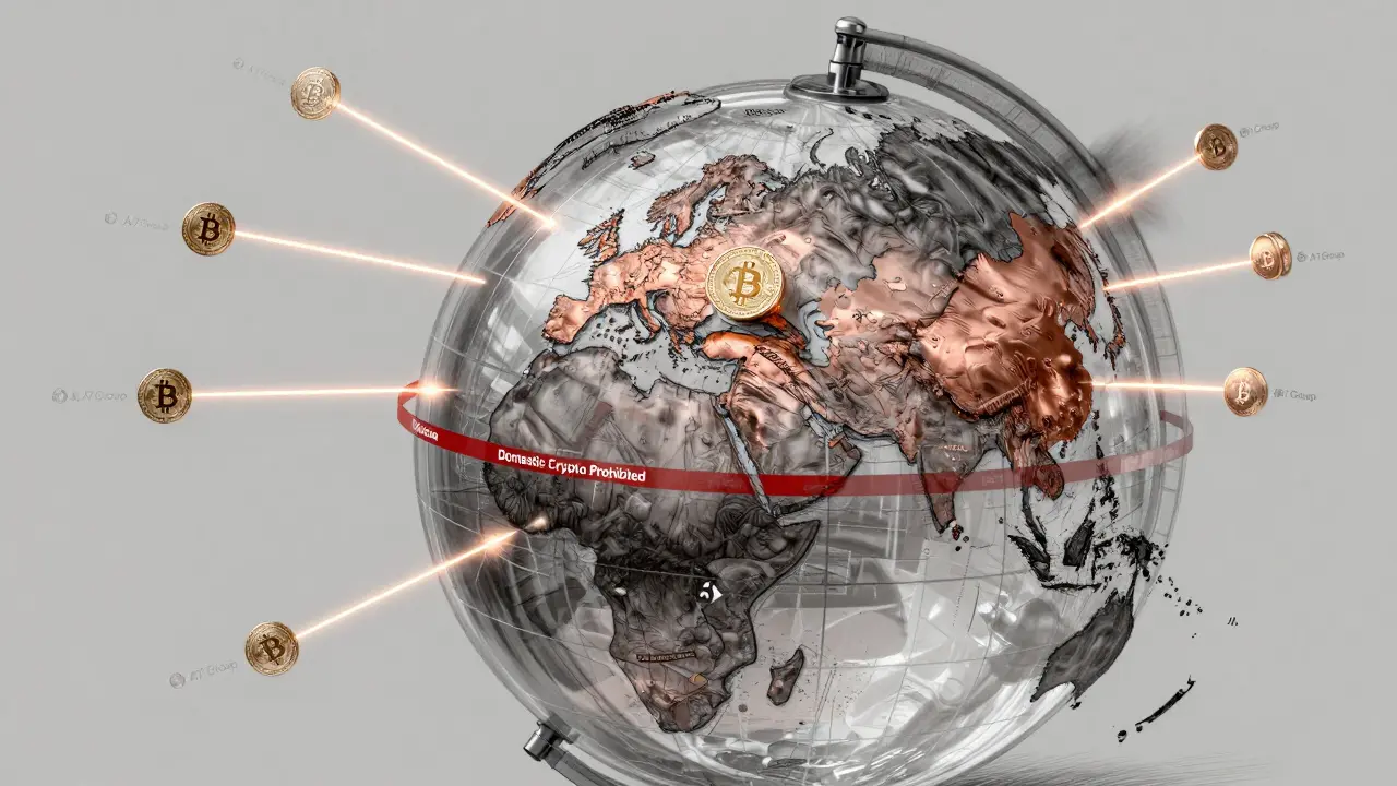 Globe showing crypto trade routes from Russia to Asia, with domestic restriction barrier.