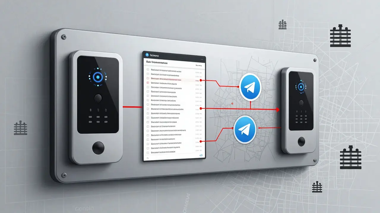 Government surveillance system with biometric scanners, bank logs, and Telegram icons connected by red lines.