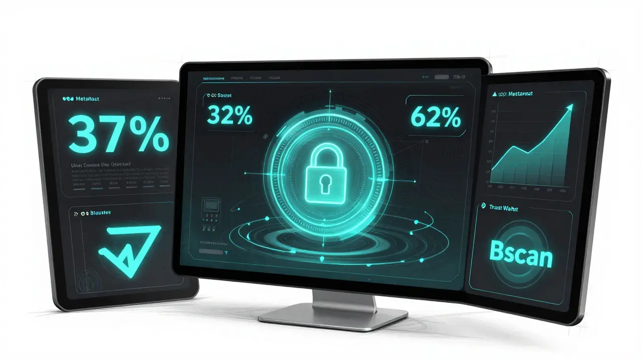 Holographic dashboard showing growth metrics with LEOS token and wallet icons