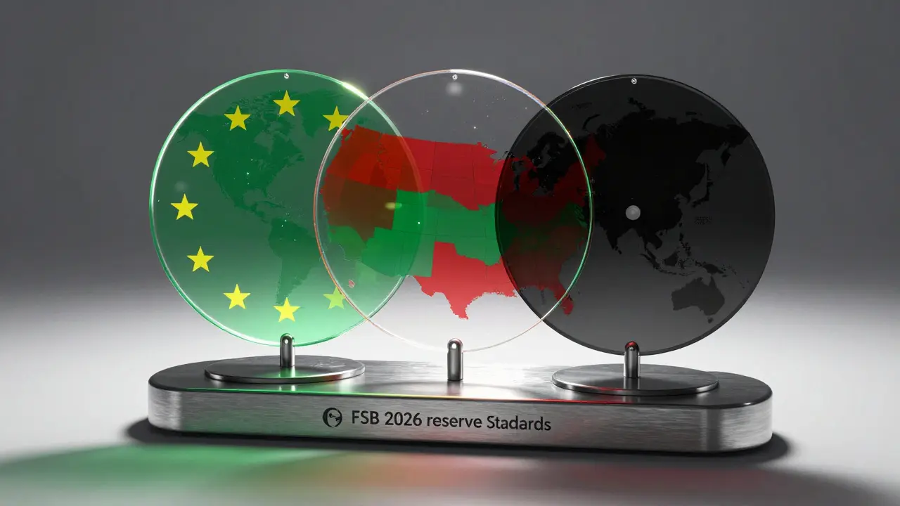 Layered acrylic map sculpture illustrating global crypto regulatory differences with LED nodes.