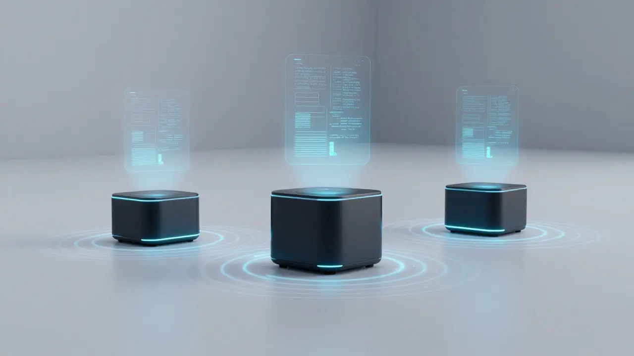 Minimalist node device emitting light waves to neighbors, symbolizing data propagation in a blockchain.