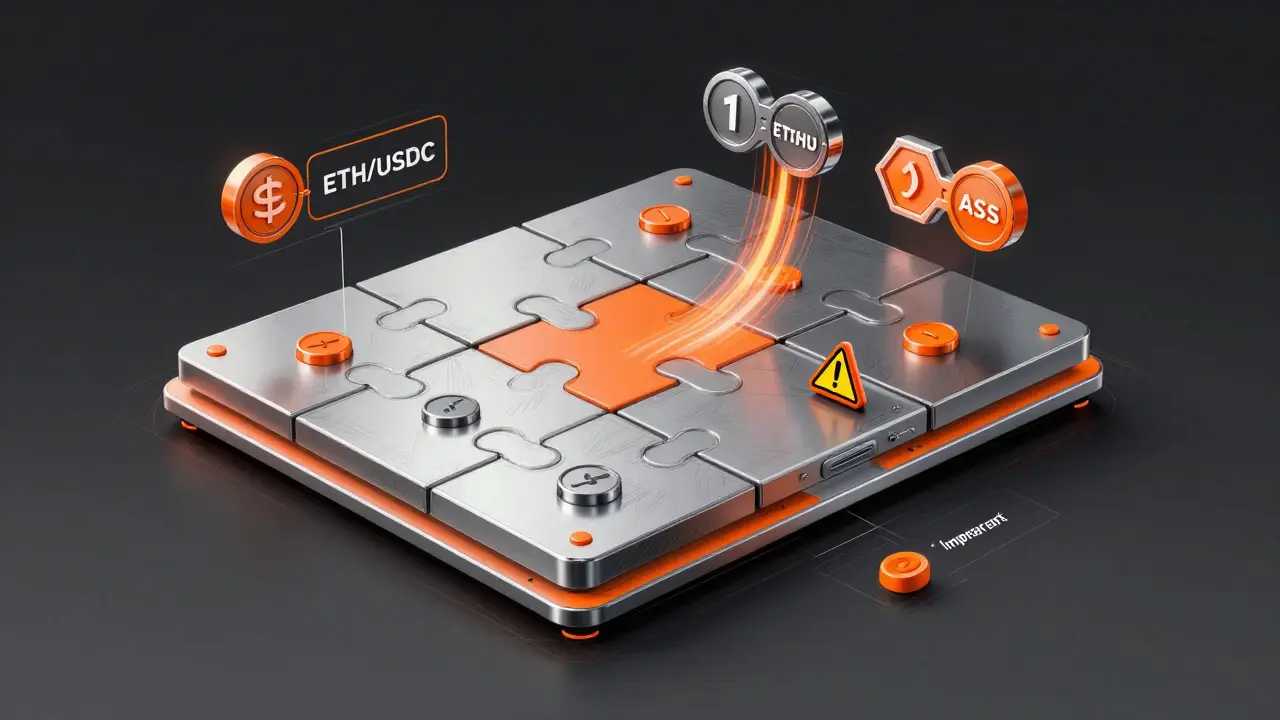 Modular yield farming puzzle board with token pairs and risk warnings