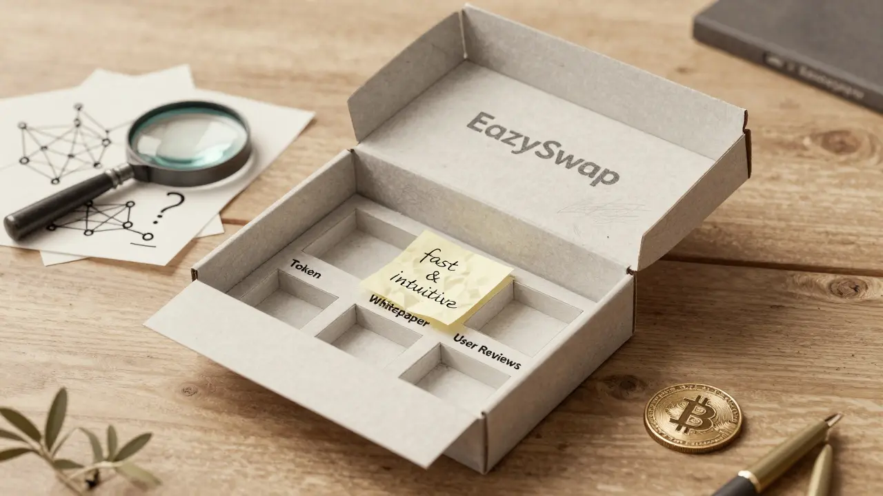 Open empty product box labeled 'EazySwap' with only one sticky note inside, surrounded by tools and a flipped coin