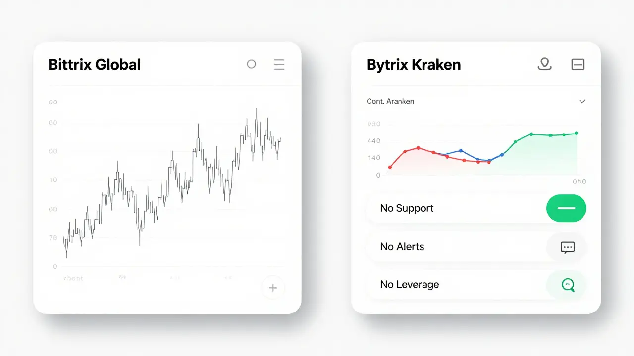 Side-by-side design sketch comparing outdated Bittrex Global UI with modern crypto platforms featuring missing features marked in red.
