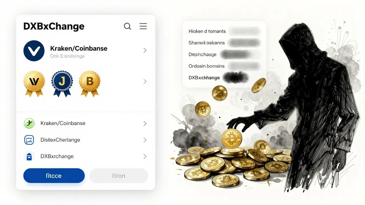 Side-by-side sketch comparing a secure exchange with a scam platform, one clean and verified, the other shadowy and chaotic.