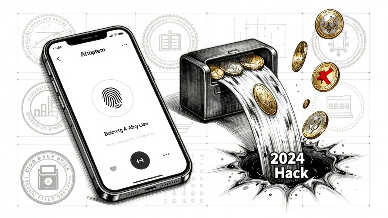 Split-device sketch showing secure biometric login on one side and coins vanishing into a hack-themed black hole.