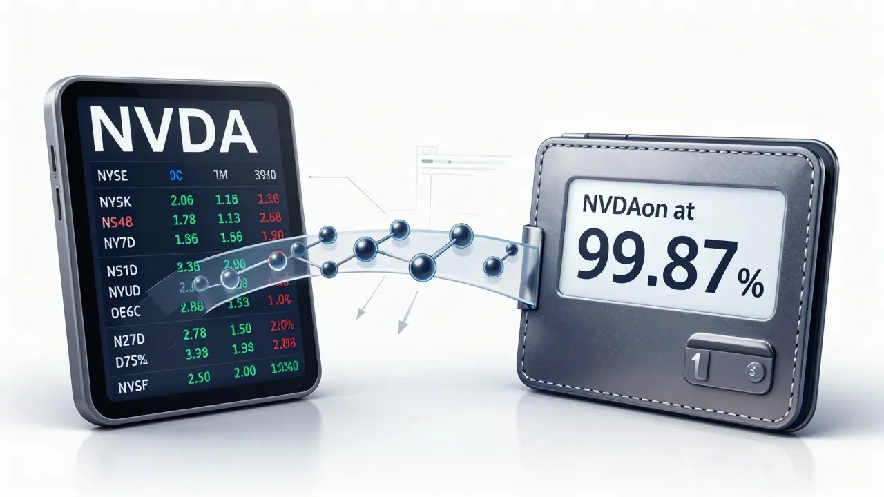 Split interface comparing traditional stock ticker and NVDAon wallet with correlation bridge.