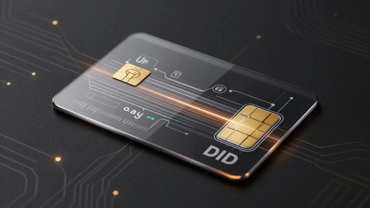 Thin hardware token with embedded decentralized identity chip, showing encrypted data streams and zero-knowledge proof visuals.
