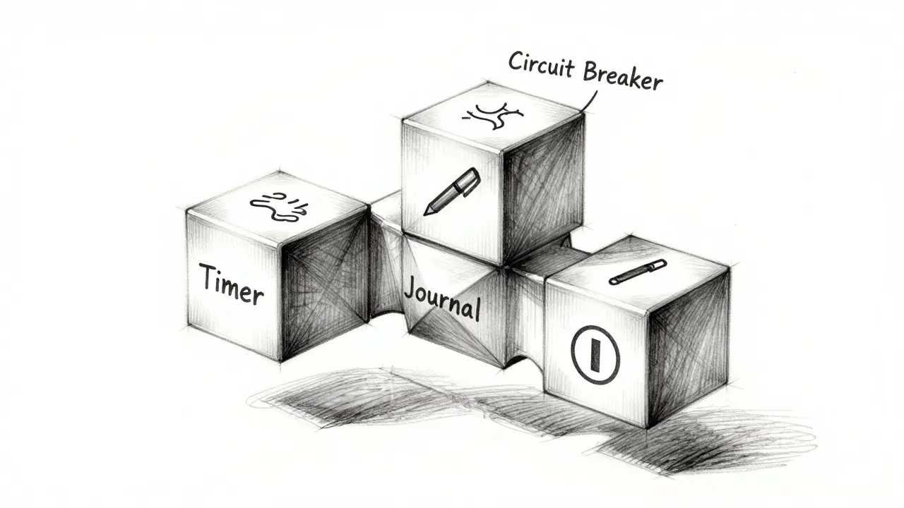 Three interlocking blocks labeled Timer, Journal, and Circuit Breaker, representing emotional risk tools.