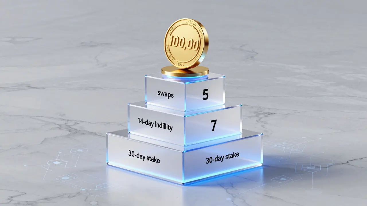 Three-tiered reward pyramid with LEOS bonus capsule on marble surface