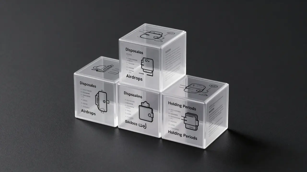 Three transparent modular cubes labeled crypto tax components, arranged as a design prototype.