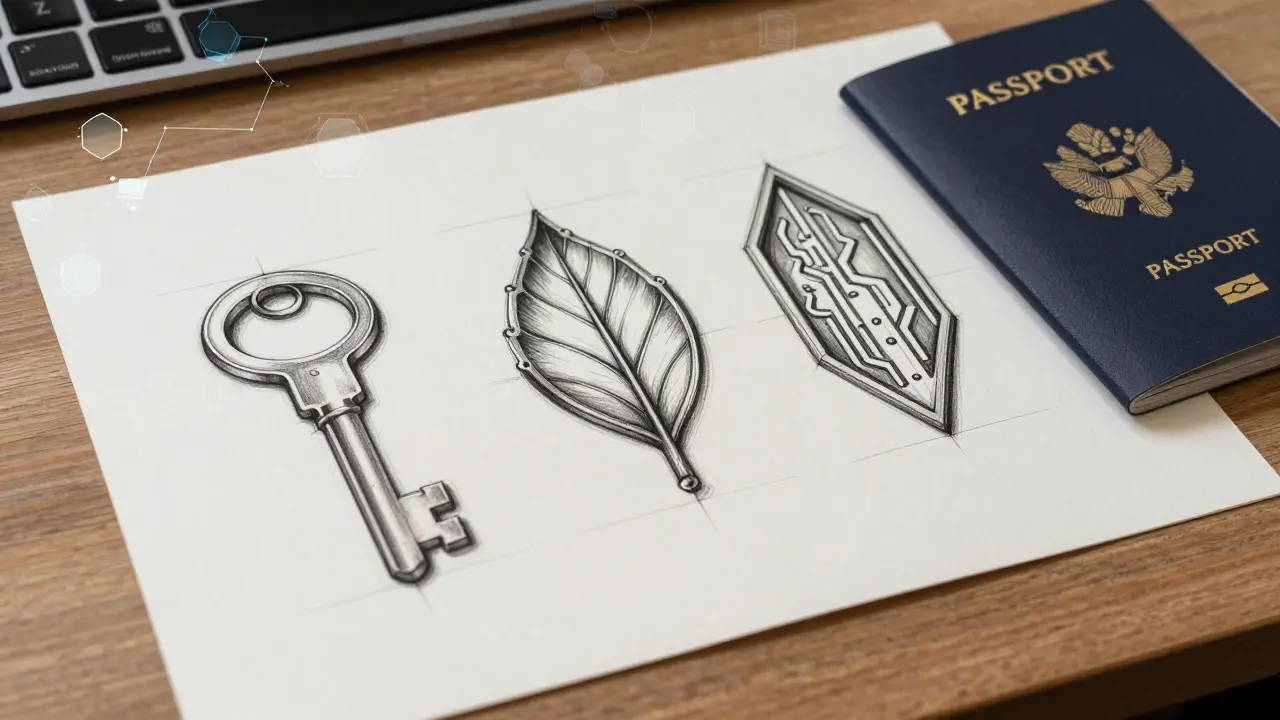 Three unique DID tokens on a wooden table beside traditional documents, rendered in technical sketch style.