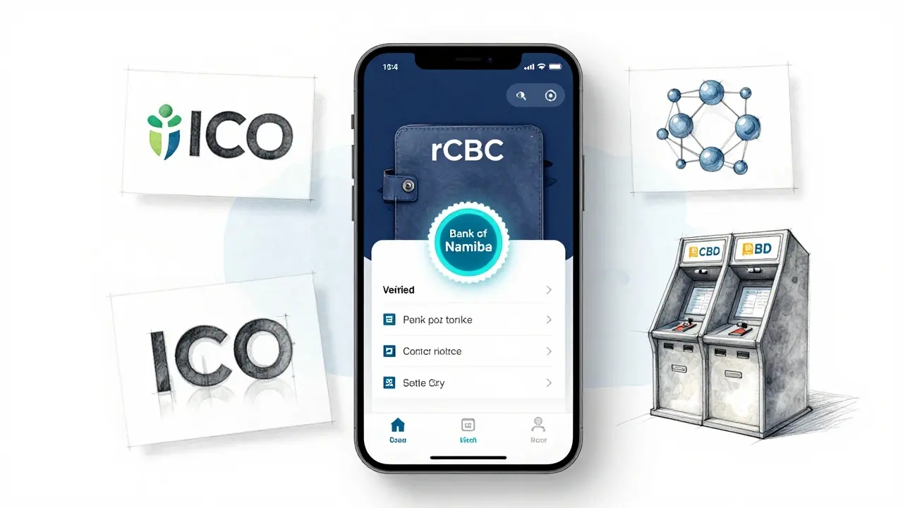 Transparent rCBDC app prototype with Bank of Namibia seal and blocked ICO symbols.