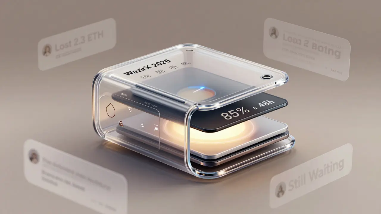 Transparent wallet prototype with layers showing 98% cold storage, 48-hour delays, and 85% refund percentage.