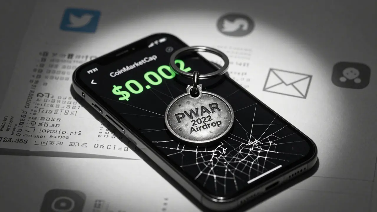 Worn PWAR token keychain resting on a phone showing <h2>Is There Any Future for PWAR?</h2>.002 price, surrounded by old receipts.