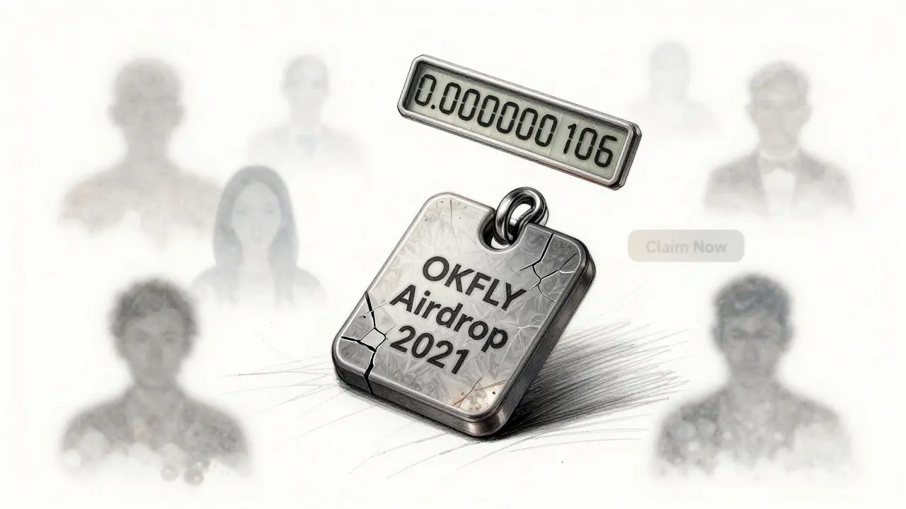 A cracked token holder labeled 'OKFLY Airdrop 2021' with a ghostly price tag hovering above it and vanished social media icons around it.