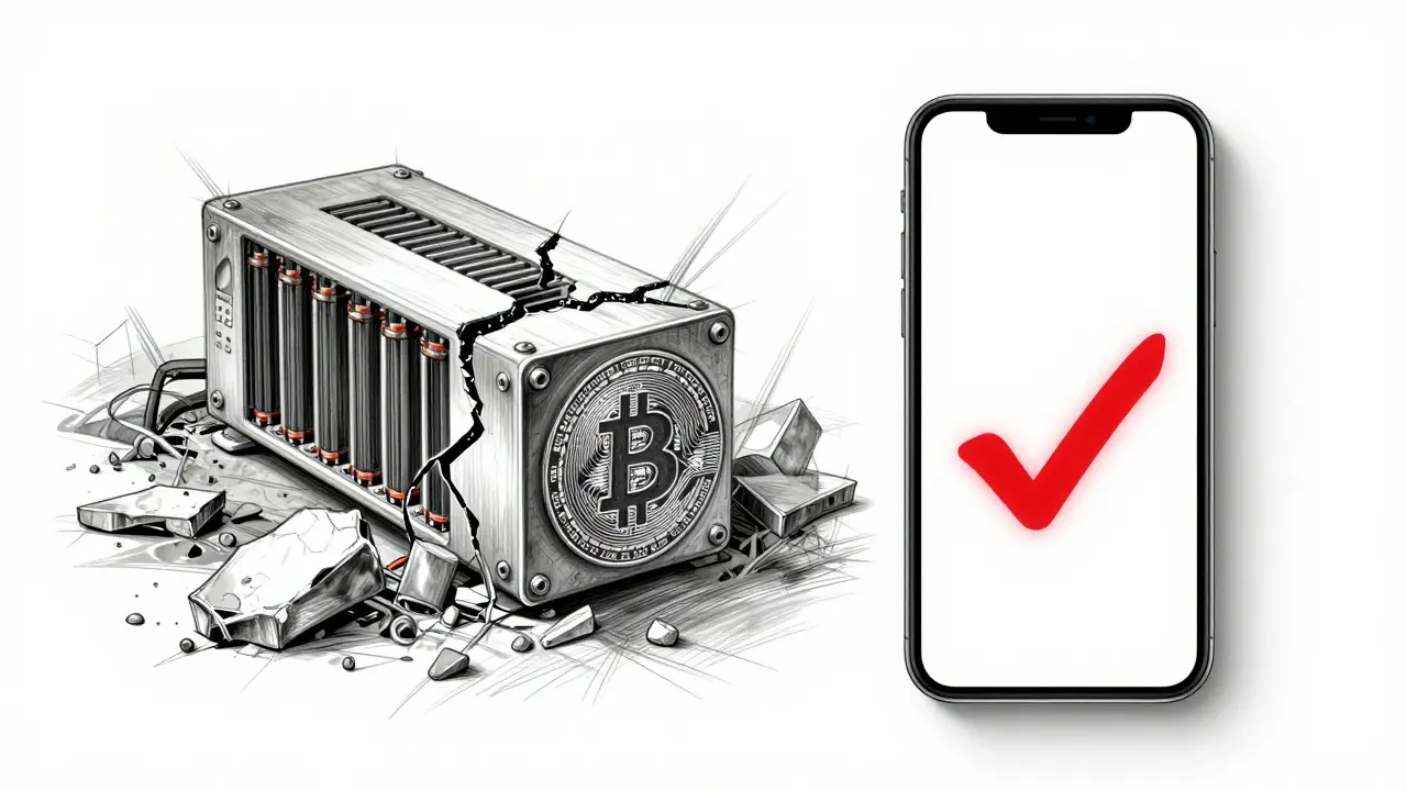 A destroyed Bitcoin miner beside a pristine e-CNY smartphone with approval checkmark.