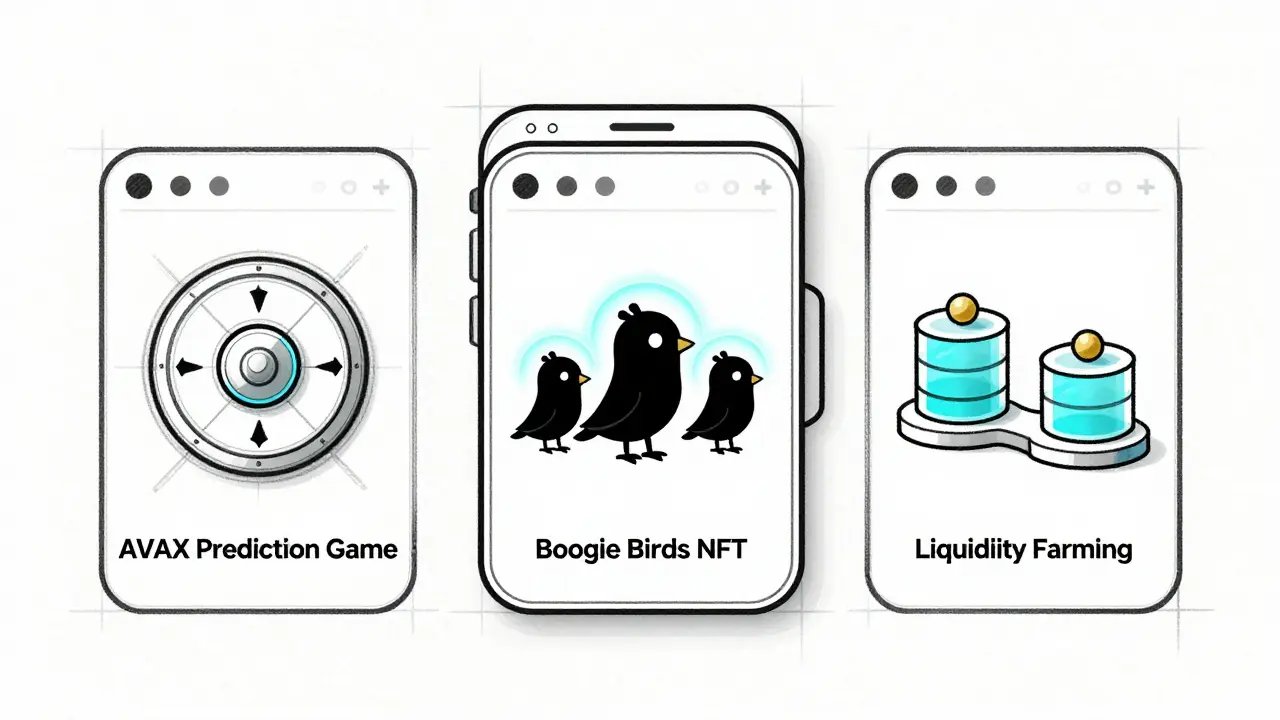 A futuristic digital wallet interface sketch showing AVAX Prediction, Boogie Birds NFT staking, and Liquidity Farming functions in clean line art.
