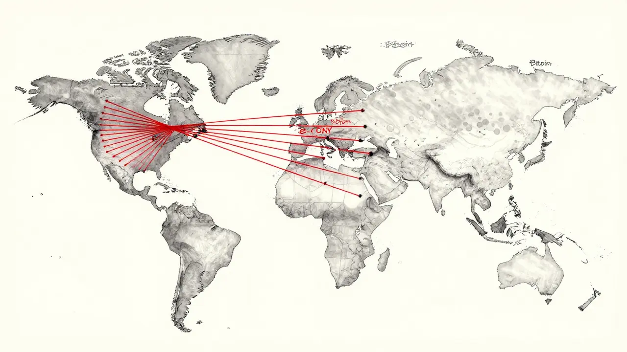 A global map showing e-CNY control network overpowering fading Bitcoin nodes over China.