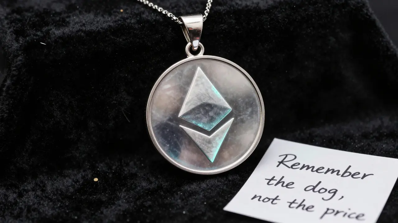 A glowing Ethereum token pendant shaped like a Shiba Inu, floating above velvet, with a handwritten note nearby.