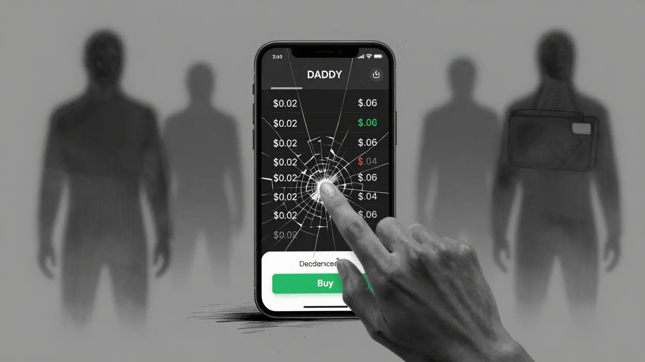 A hand hovering over a smartphone showing wild DADDY price swings, anonymous wallets in shadow.
