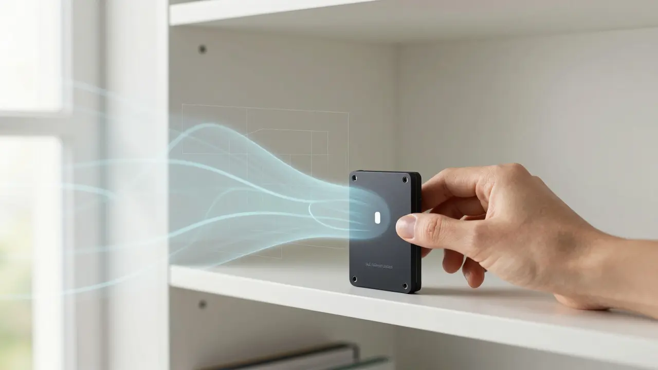 A hand placing a small hardware module on a shelf, radiating energy waves symbolizing shared computing power.