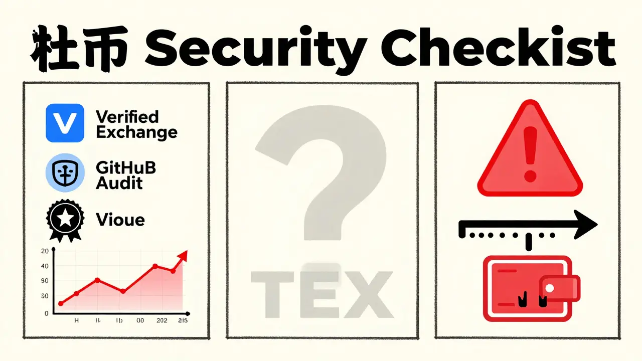 A poster-style sketch contrasting verified exchange features with a blank, question-marked TEX panel and a red phishing warning.