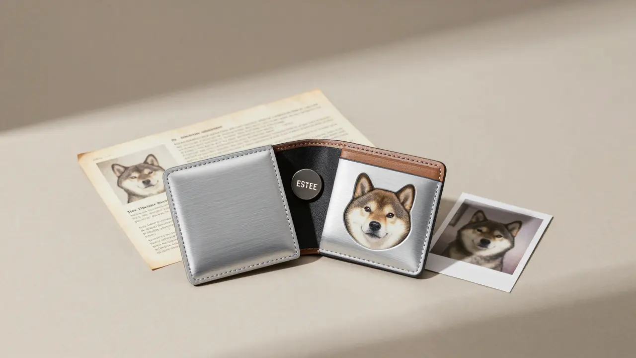 A sleek wallet with a Shiba Inu cutout, open to reveal an ESTEE token beside old dog papers and a vintage photo.