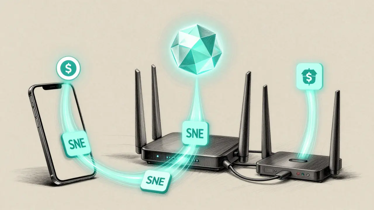 A smartphone and router connected wirelessly to a central hub, with SNE tokens flowing as digital rivers through a Polygon network.