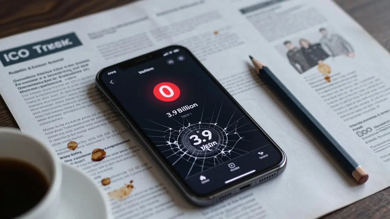 A smartphone screen showing 3.9 billion VEST tokens with zero trading volume, lying face-down on an abandoned desk.