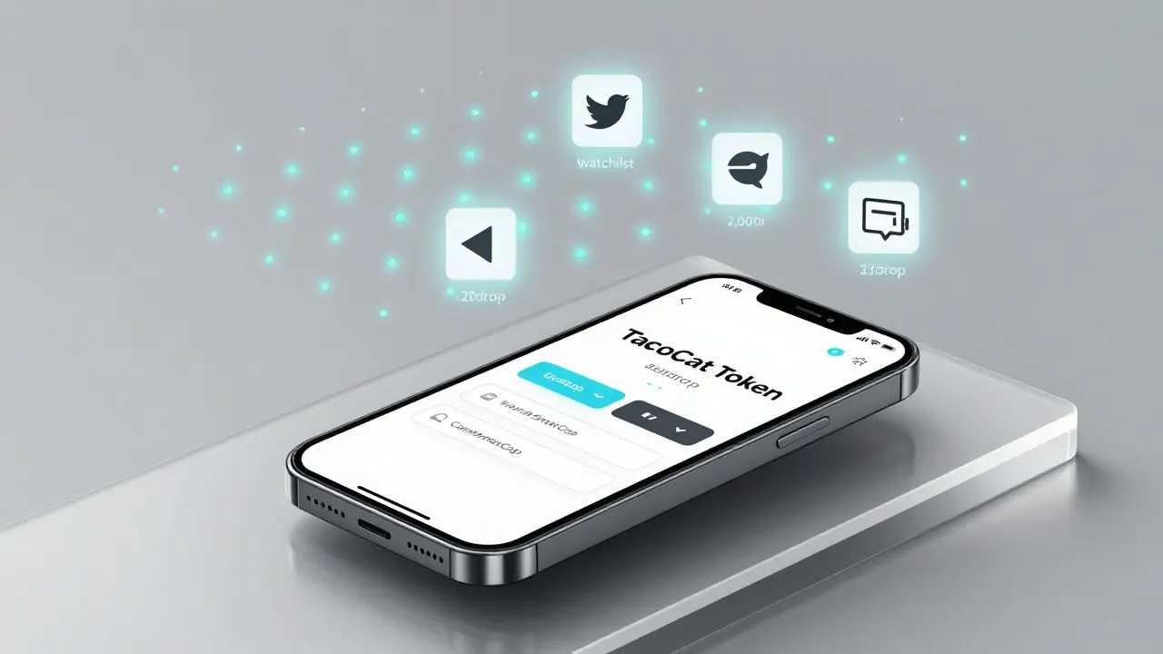 A smartphone showing TacoCat Token airdrop steps with floating icons, illustrated in modern product design style.