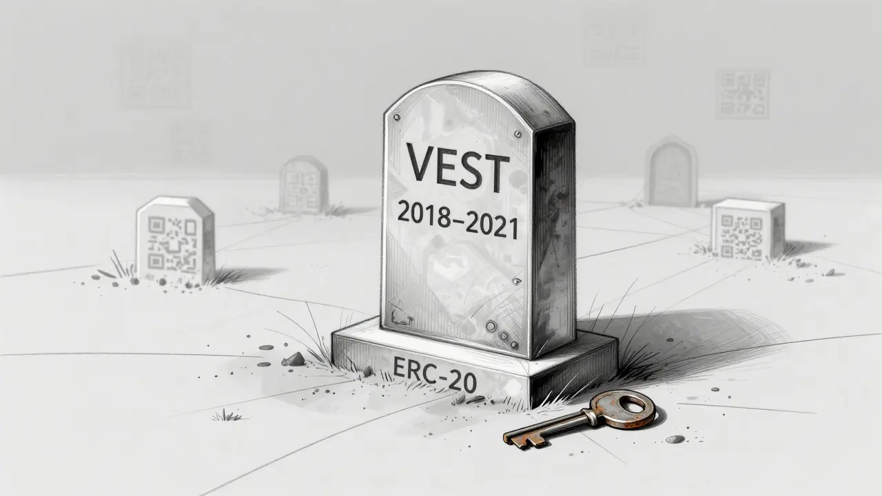 A tombstone-shaped blockchain node marked 'VEST 2018–2021' in a barren digital landscape with a rusted key at its base.