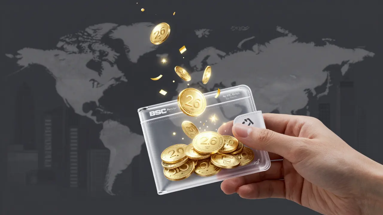 A transparent crypto wallet releasing glowing TCT tokens, with global city outlines in the background, sketched in elegant product design style.