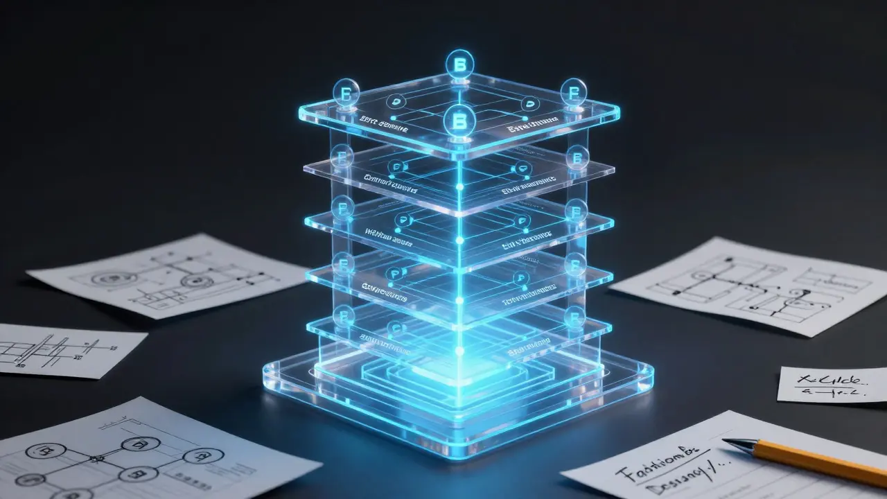 A transparent glass tower of interconnected nodes representing Ethereum smart contracts, lit by neon blue glow.