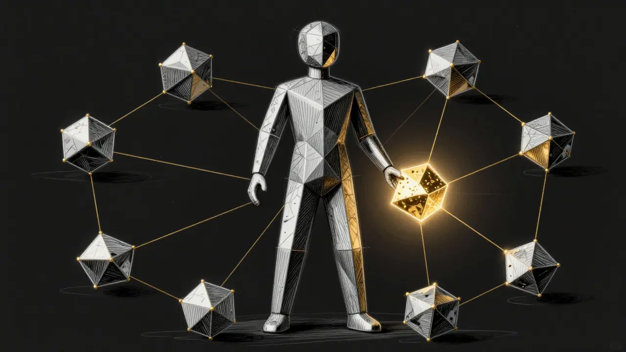 An abstract human figure composed of interconnected node shapes, with one rejecting a corrupted block, in architectural sketch style.