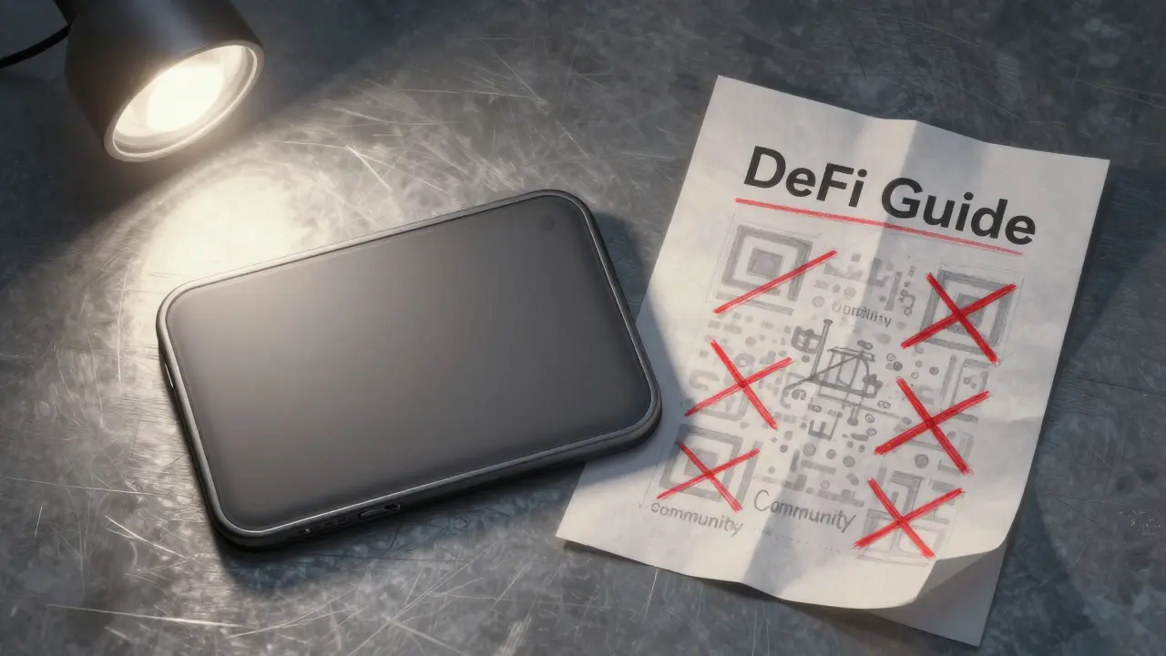 An empty crypto wallet beside a discarded guide, marked with crossed-out promises of utility.