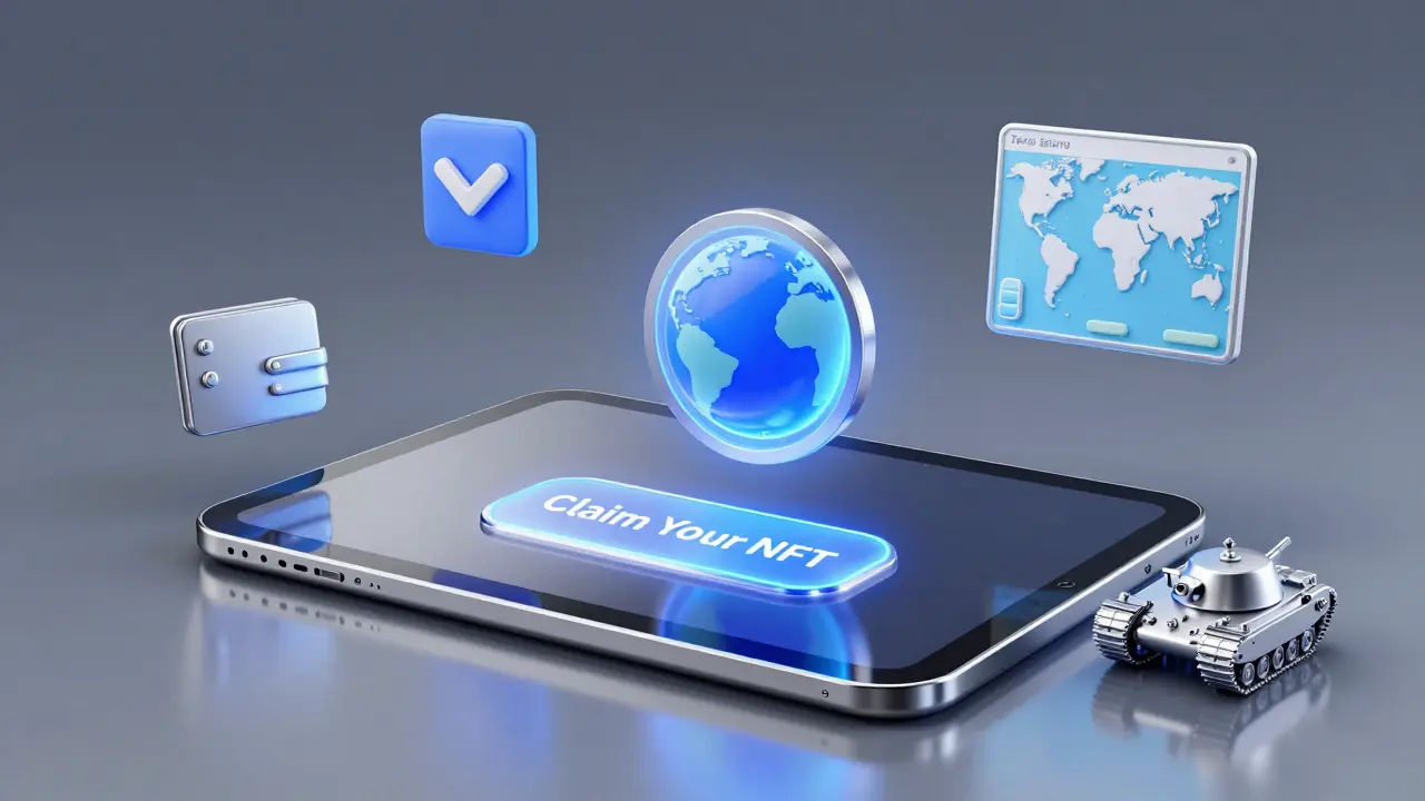 Chrome tablet with holographic 'Claim Your NFT' button surrounded by wallet and tank icons.