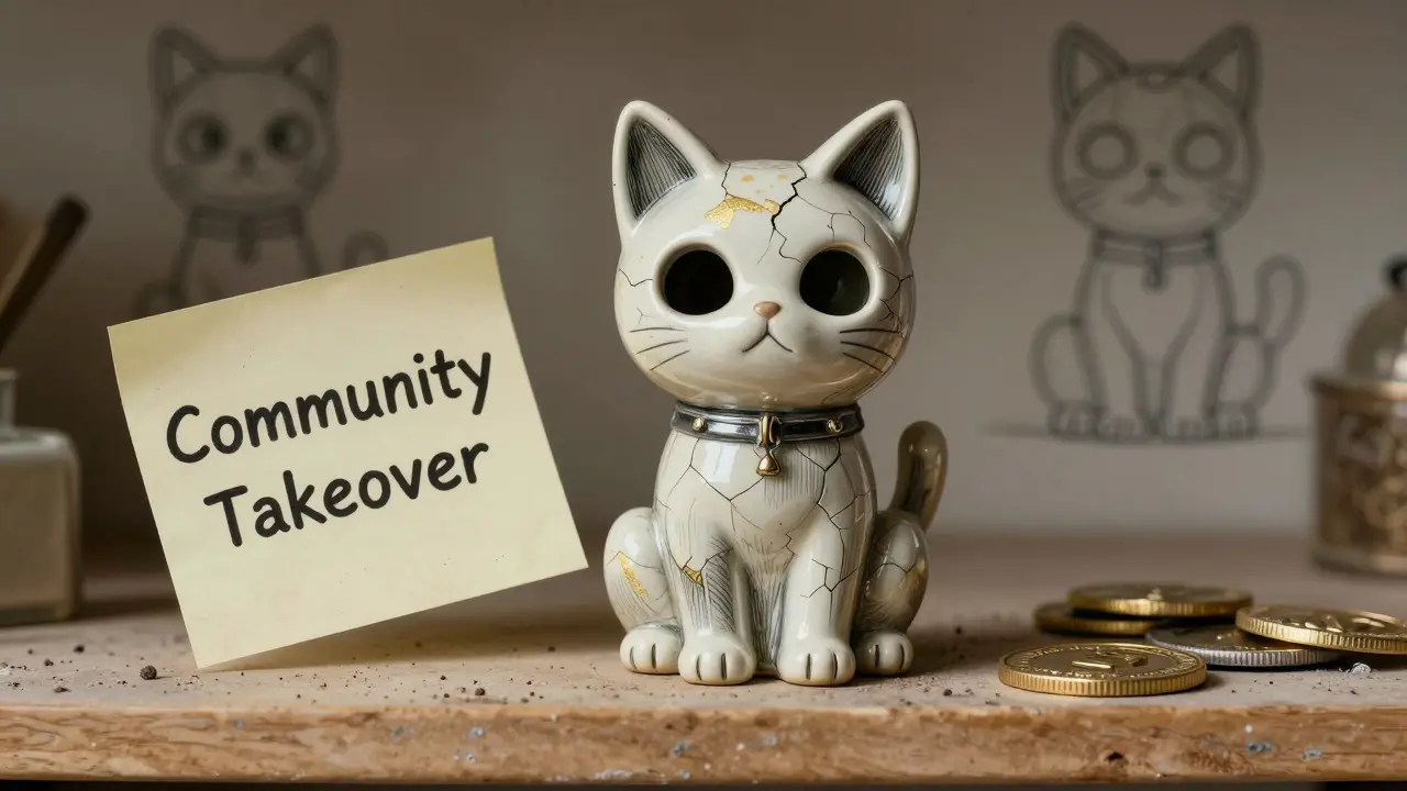 Cracked ceramic cat figurine labeled SCAT on a dusty shelf with a faded note.