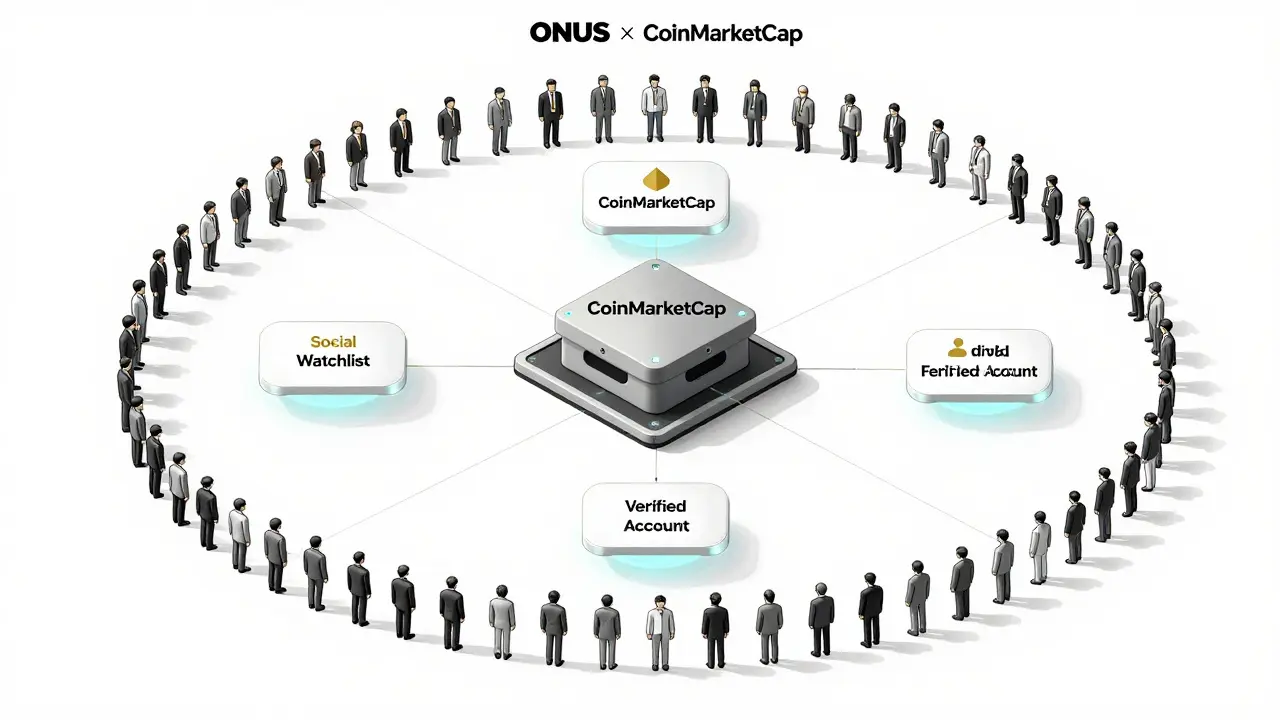 Exploded view of airdrop ecosystem with CoinMarketCap at the center and three participation modules.