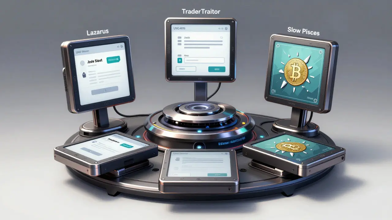 Five specialized cyberattack modules labeled with North Korean hacker group names, arranged as precision components.