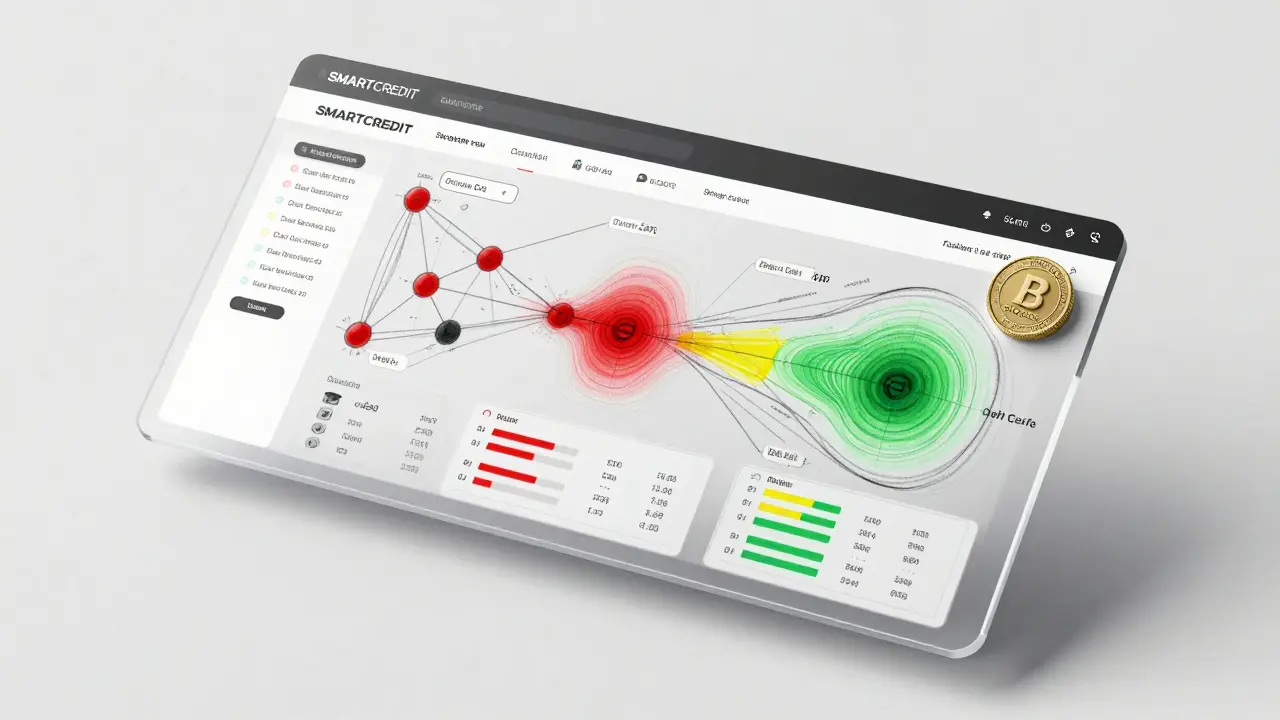 Floating AI fraud detection panel with transaction heat maps and network connections, featuring a SMARTCREDIT token in the corner.