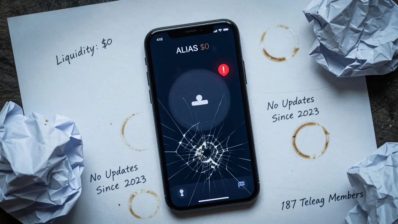 Frozen ALIAS wallet app on a cracked phone with notes about neglect and low liquidity.